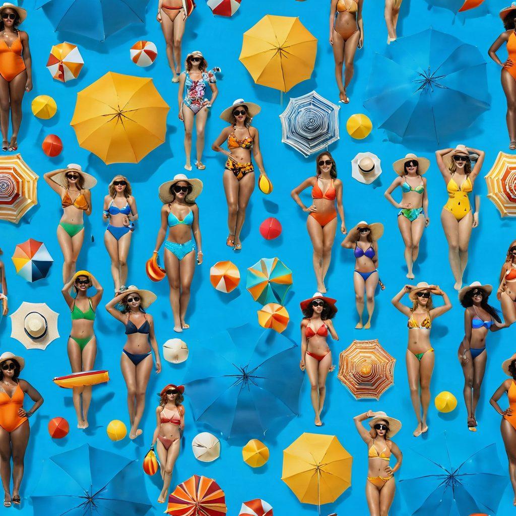 A vibrant beach scene featuring a diverse group of people in stylish swimwear, showcasing both classic and trendy designs. Include sun hats, sunglasses, and beach accessories to enhance the summer vibe. The background should have clear blue skies, golden sands, and colorful beach umbrellas. Emphasize the joy and excitement of summer while demonstrating various swimwear styles. super-realistic. vibrant colors. 3D.
