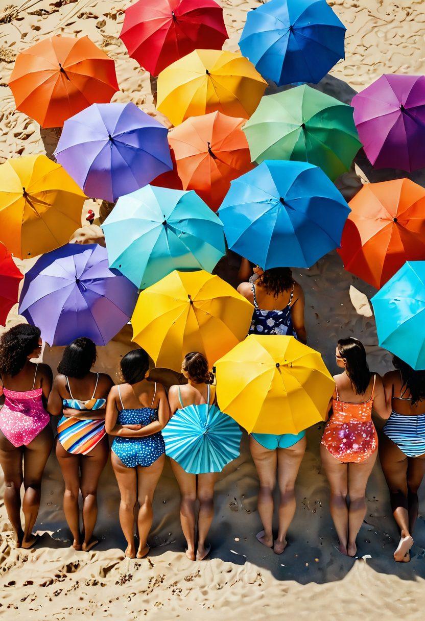 A stunning beach scene featuring a diverse group of individuals of various body types confidently showing off their stylish swimwear, complementing the sandy shoreline and sparkling ocean waves. Bright umbrellas and beach towels add vivid colors to the background, while the sun sets, casting a warm and flattering glow on the leisurely atmosphere. Emphasize joy and self-expression through fashion on the beach. super-realistic. vibrant colors.